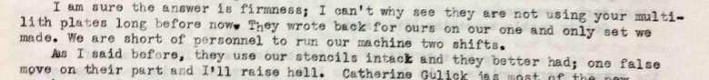 A letter typed on a typewriter, which includes the sentence 'one false move on their part and I'll raise hell.'