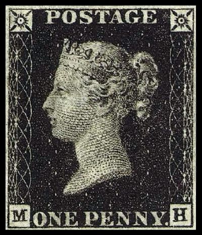A postage stamp with the face of a woman wearing a crown on a black background.