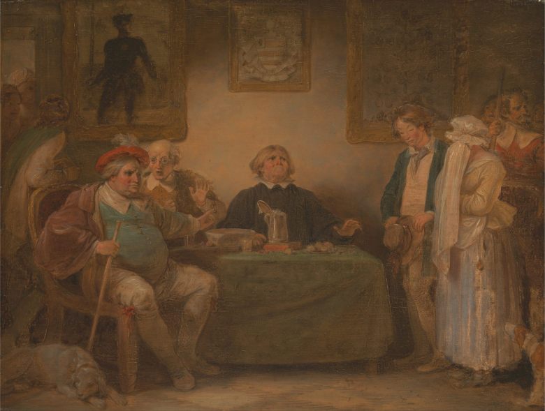 Painting of portly men seated at a table as younger people pay their respects.