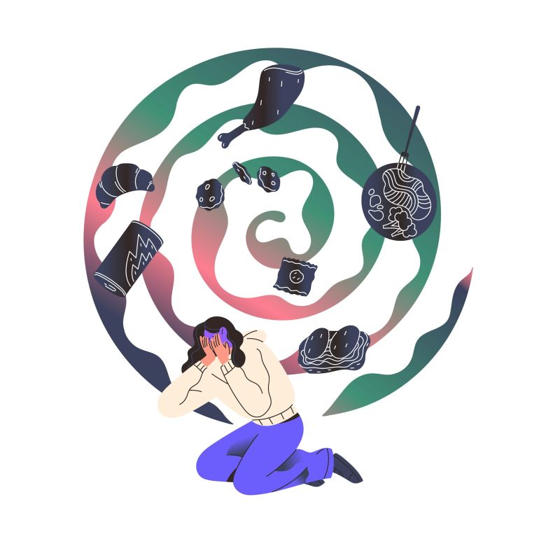 Woman with thoughts of food swirling around her